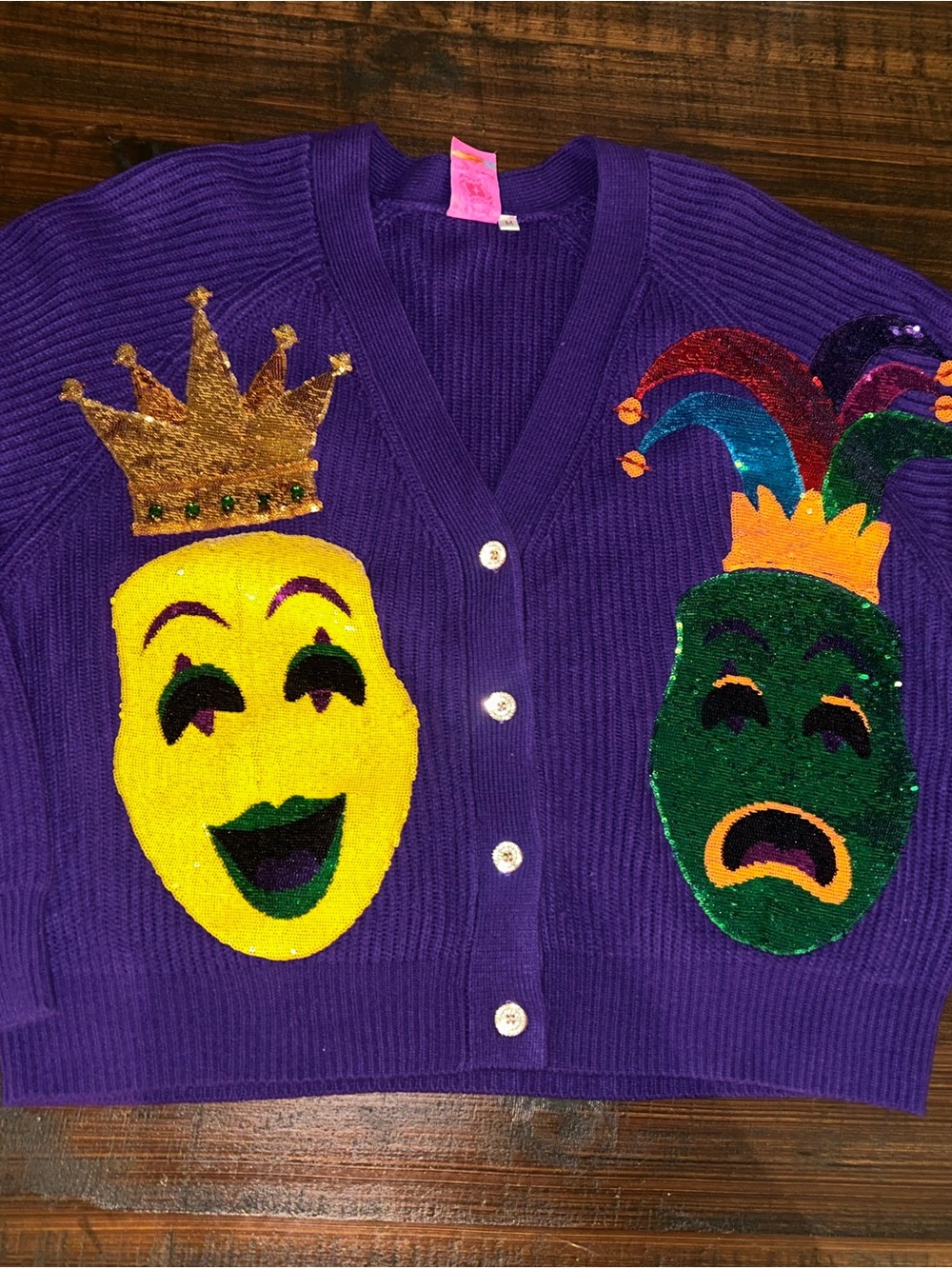 Queen of Sparkles Purple Sequin Mardi Gras Comedy Tragedy Cardigan